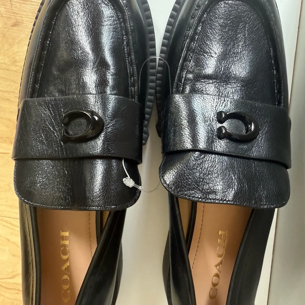 Coach Black Leather Lug Sole Penny Loafers